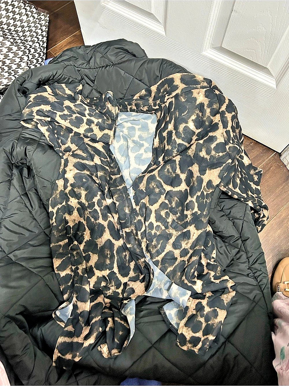 Leopard Print Puffer Jacket in Black & Brown Like New